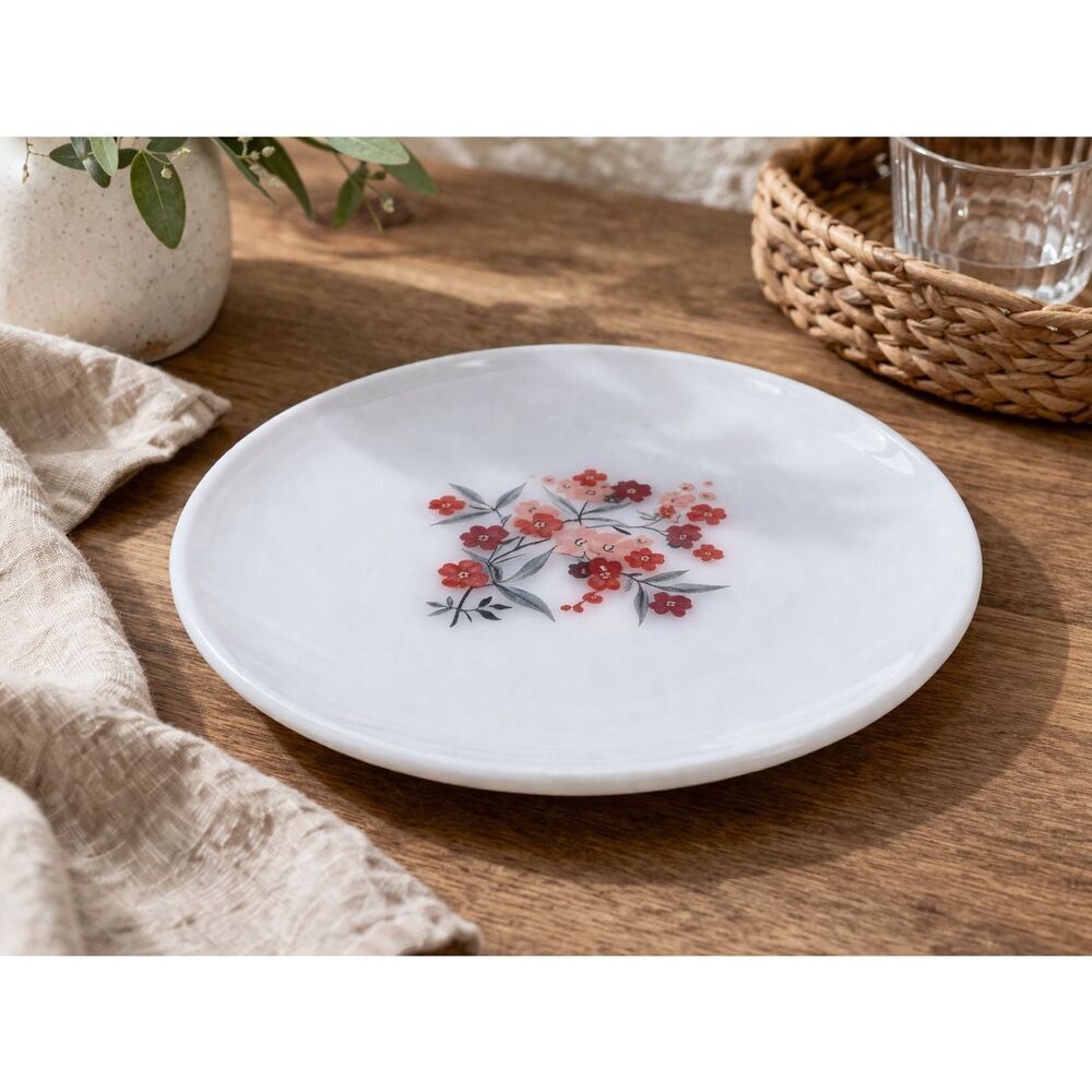 Anchor Hocking Fire King Milk Glass Dinner Plate Red Flower Pattern vintage